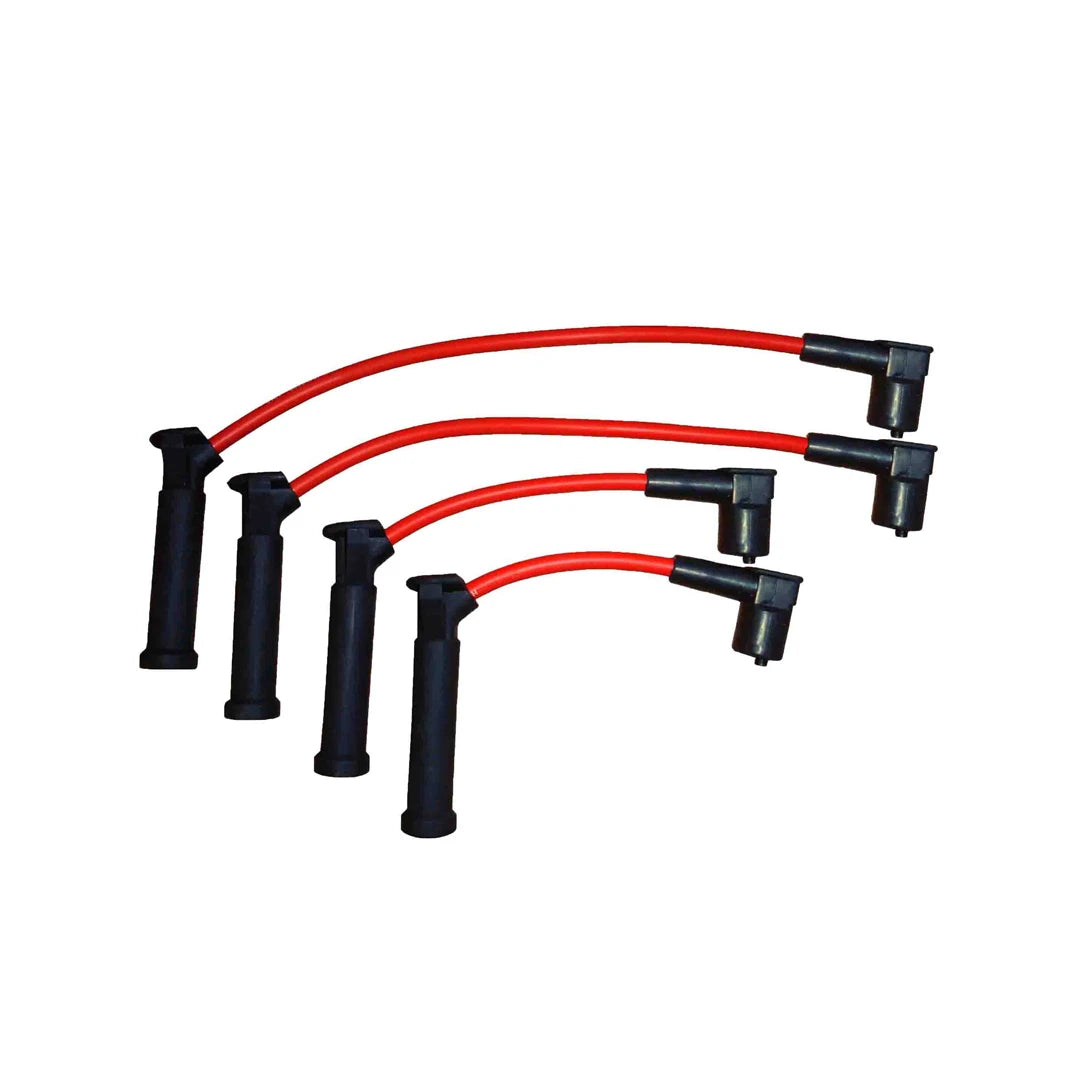 Set of red ignition cables with black connectors on a white background