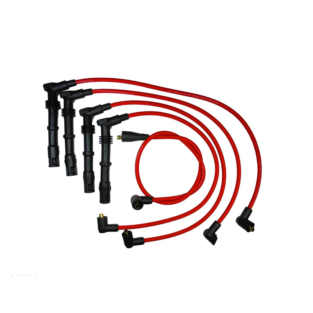 Set of red ignition cables with black connectors on a white background