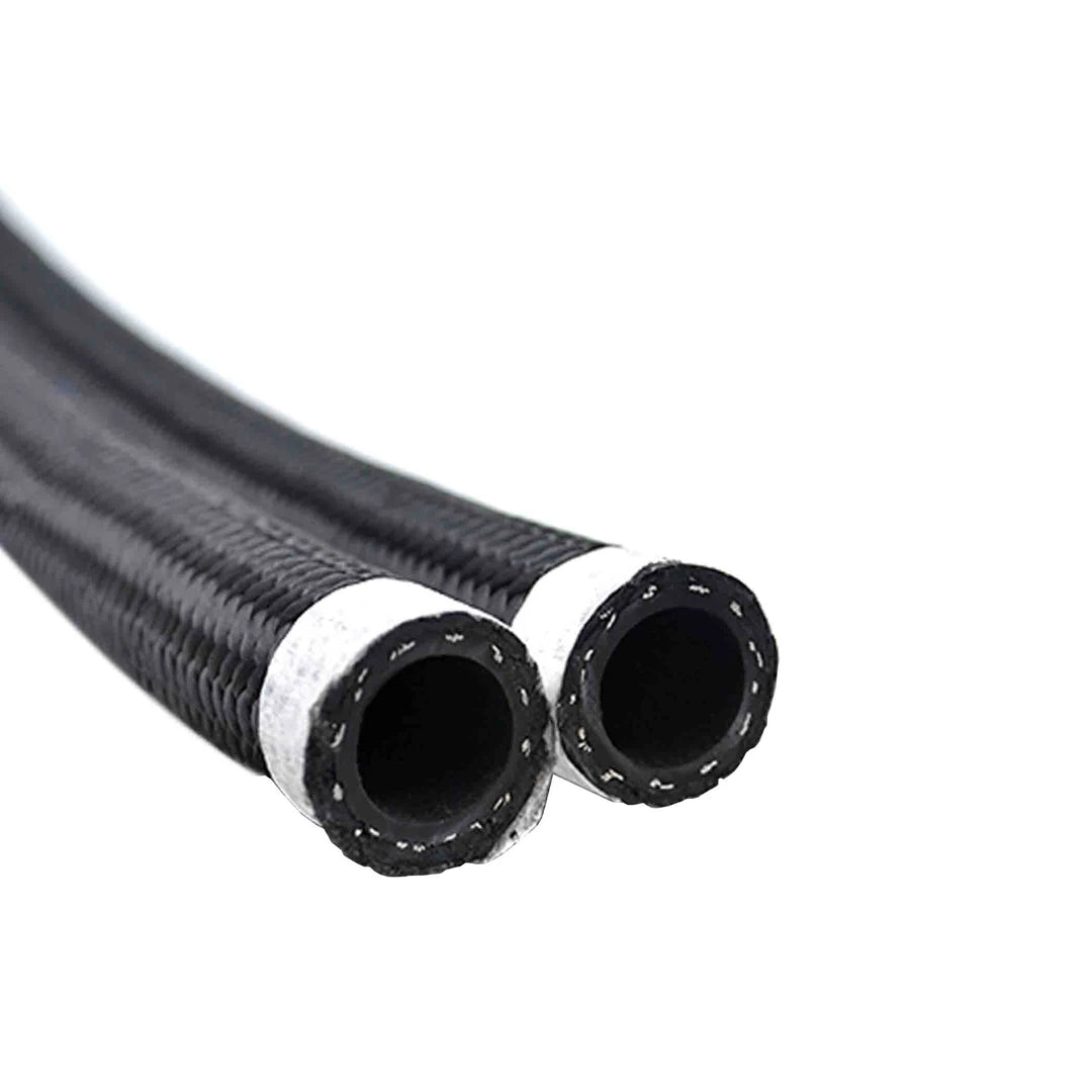 Cut away of black nylon stainless stell braided oil hose