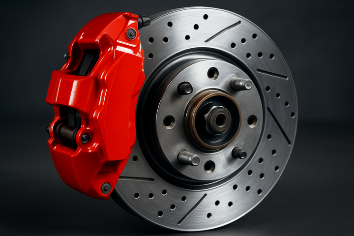 Close-up of performance car brakes with red caliper and detailed disc