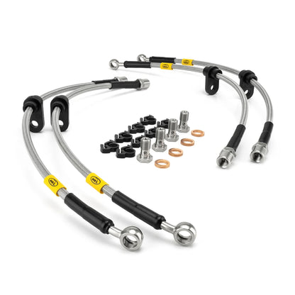 Set of HEL Performance brake hoses and fittings on a white background