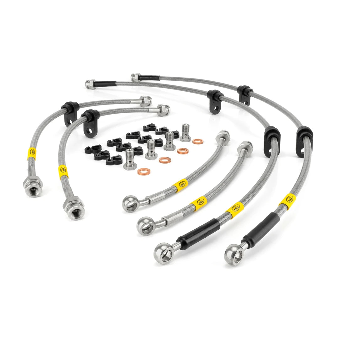 Set of HEL Performance brake hoses and fittings on a white background
