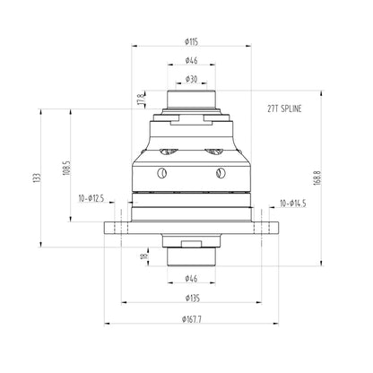 Technical drawing of a Blackline HLF022 limited slip differential