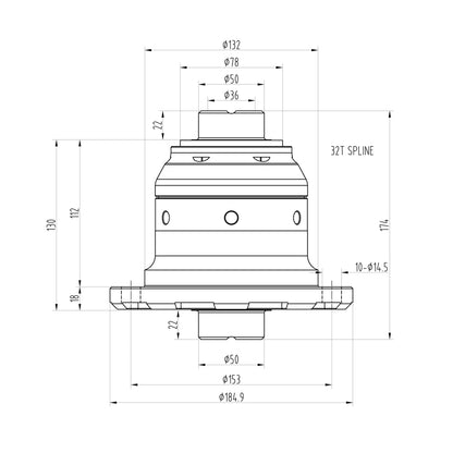 Technical drawing of a Blackline HLF220 limited slip differential