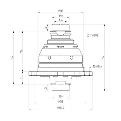 Technical drawing of a Blackline HLF221 limited slip differential