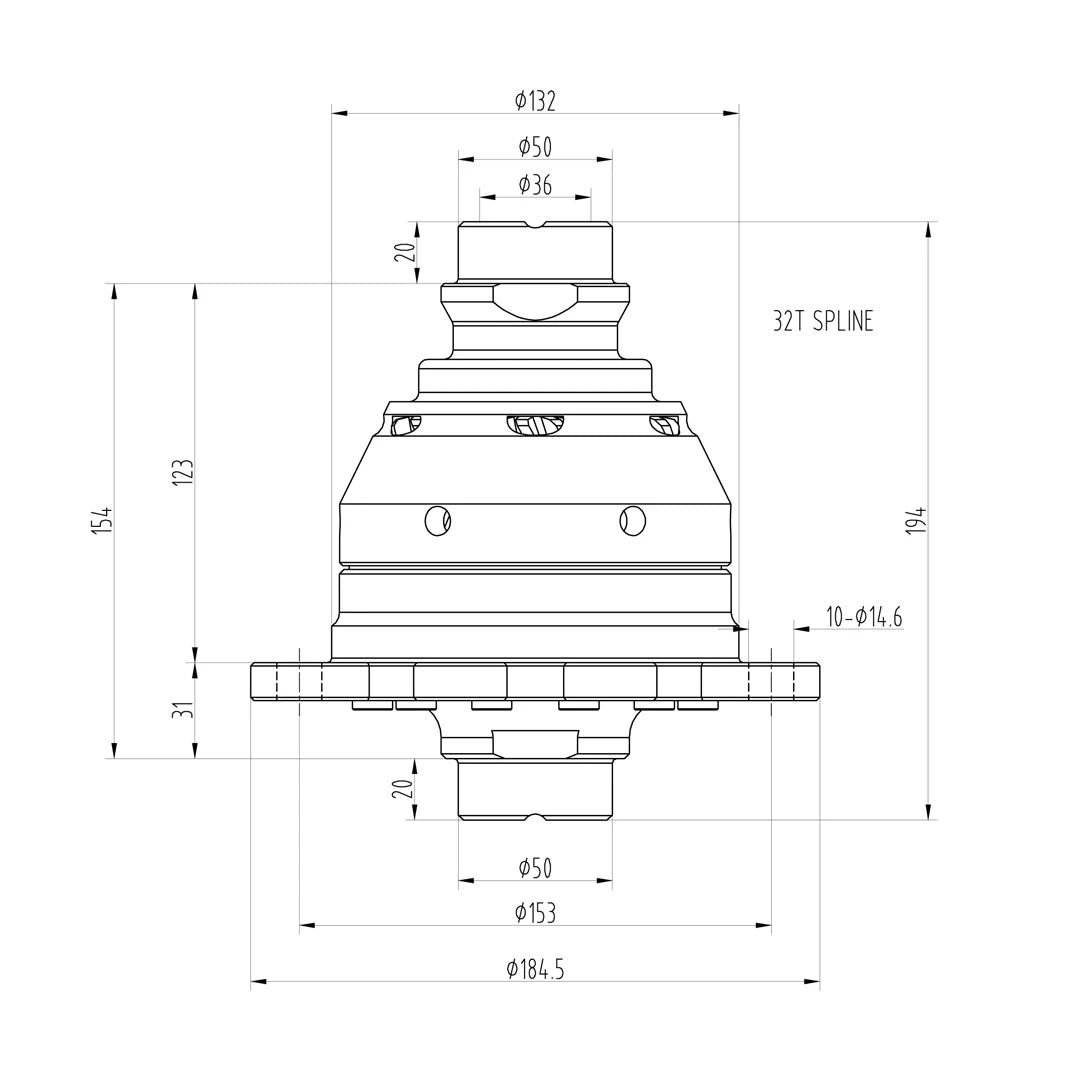 Technical drawing of a Blackline HLF223 limited slip differential