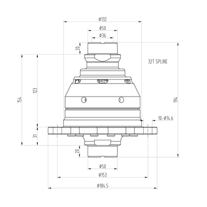 Technical drawing of a Blackline HLF223 limited slip differential