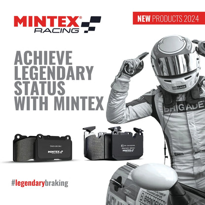 Advertisement for Mintex MRM1801 Racing brake pads with a racing driver