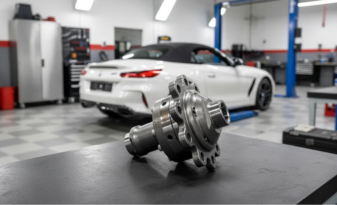 Quaife BMW Z4 LSD on a workbench with a BMW Z4 in the background