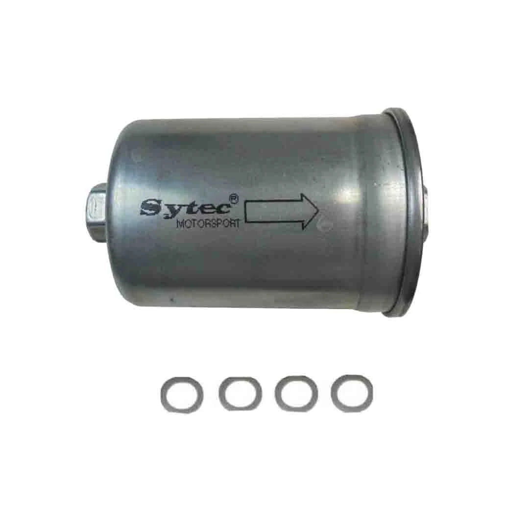 Metal fuel filter with Sytec Motorsport branding on a white background