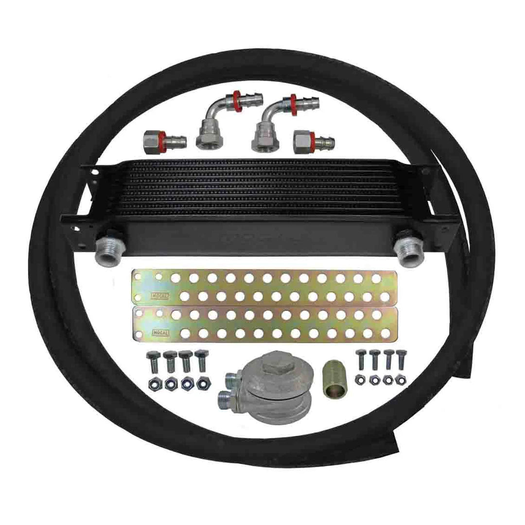 Universal rubber hose oil cooler kit with various components on a white background