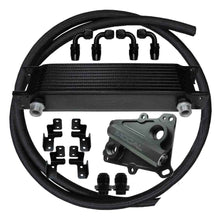 Universal braided hose oil cooler kit with various components on a white background