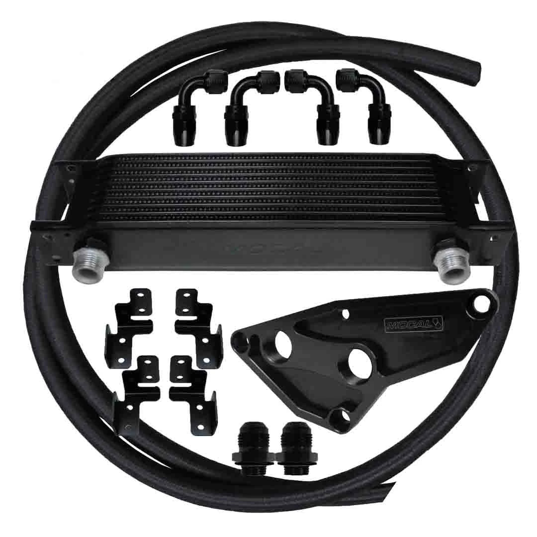 Universal braided hose oil cooler kit with various components on a white background