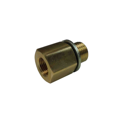 A gold-colored metal oil temperature sump plug adaptor designed for Nissan engines with an M12x1.25 sump plug.