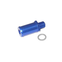 A blue Sytec anodised aluminium straight union hose fitting with a 15mm size, including a gasket.